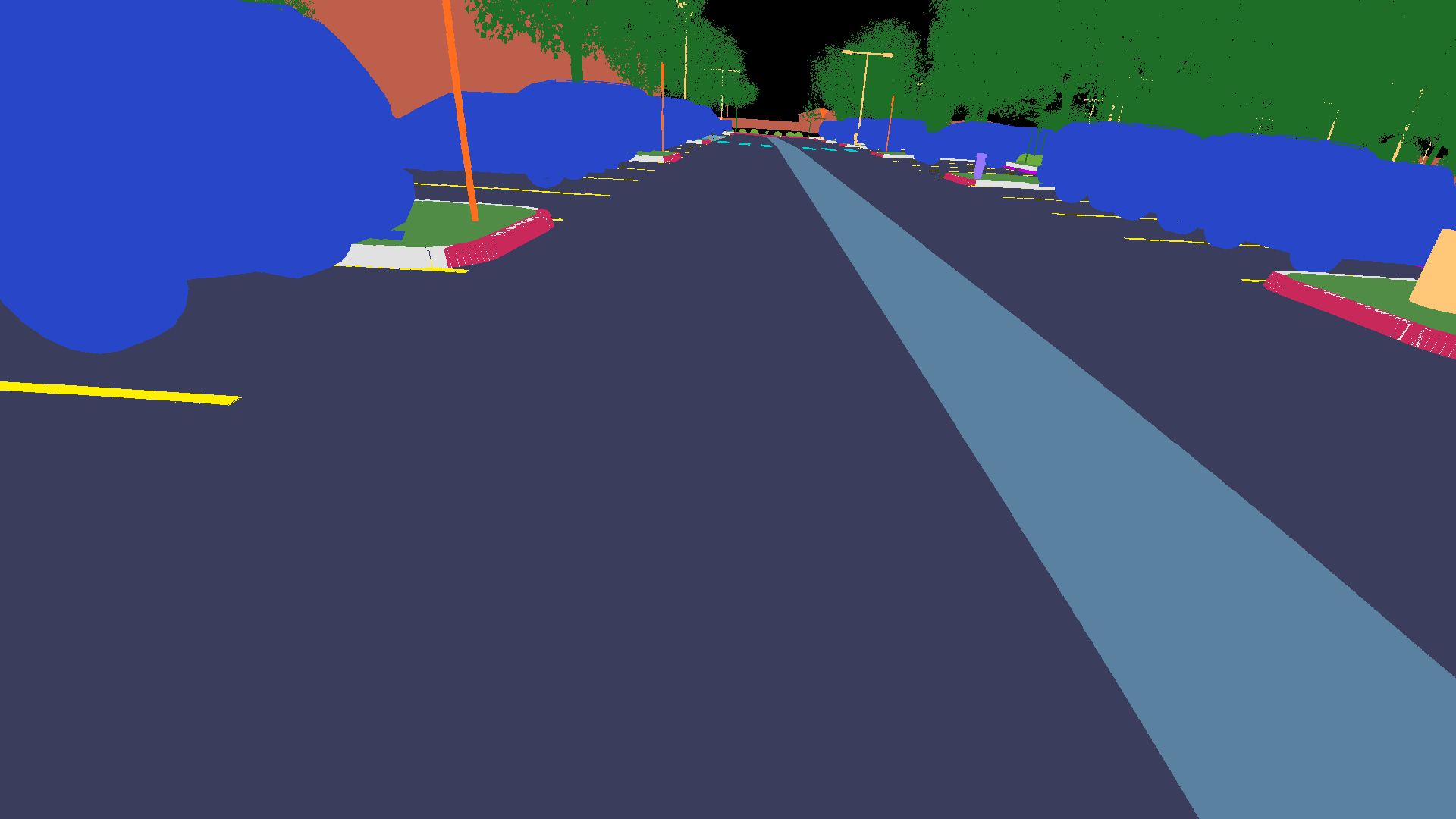 Its training mask: the asphalt in slate, the cars in blue, the valley gutter in gray-blue, trees in green, curbs and painted curbs in their own colors, the sky in black.