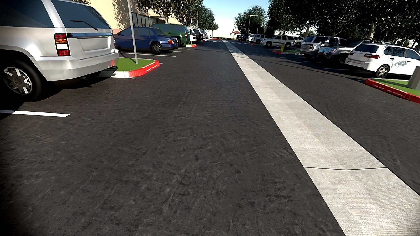 A simulated camera frame down a parking lot aisle: parked cars on both sides, a light concrete valley gutter down the aisle, red-painted curbs and trees.