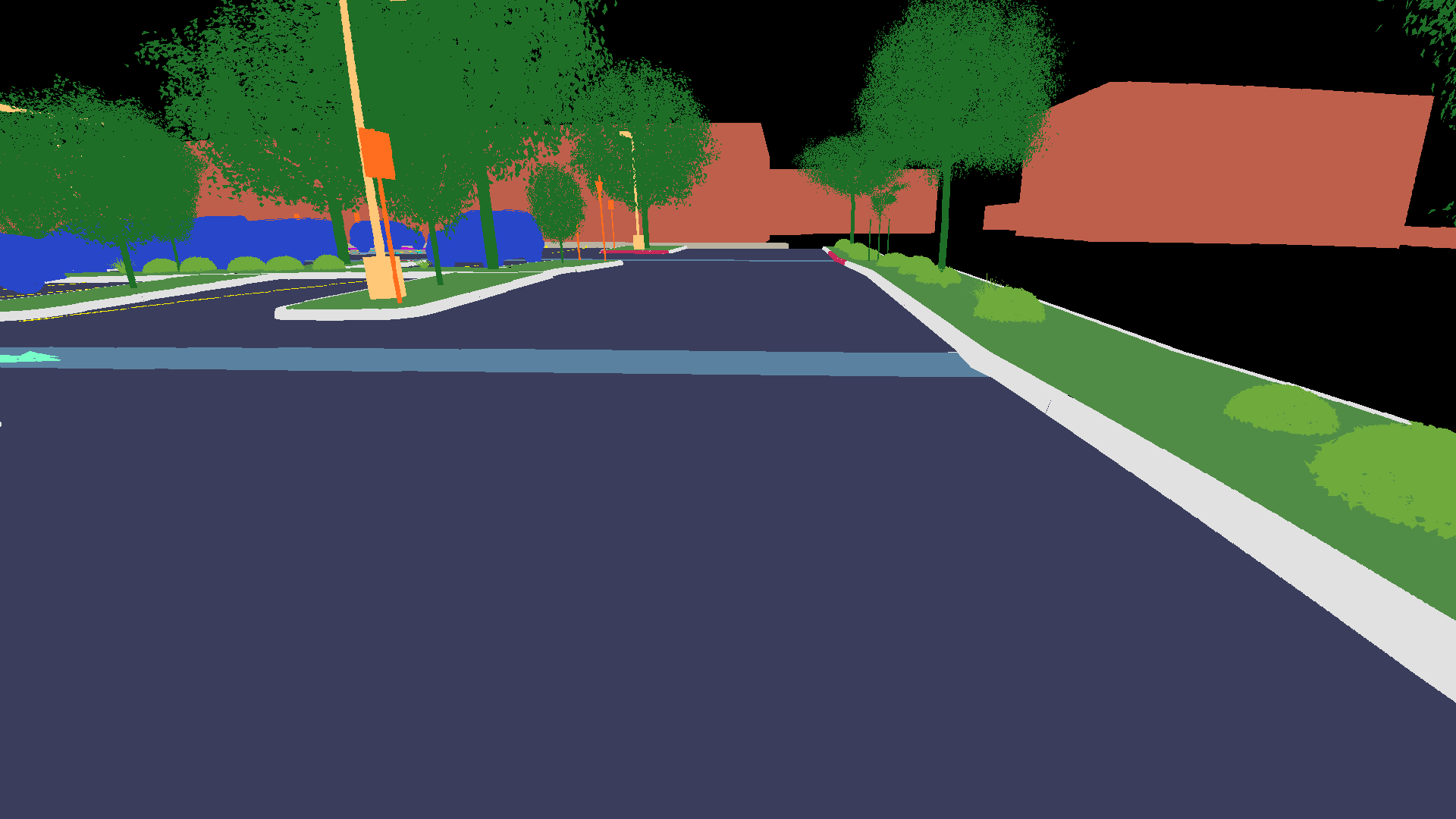 Its training mask: asphalt, trees, the building, landscaping, curbs and shrubs each in their own color, the sky in black.