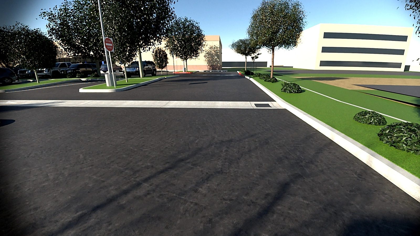 A simulated camera frame of an aisle beside an office building, with curbs, a landscaped strip, shrubs, trees and a sign.