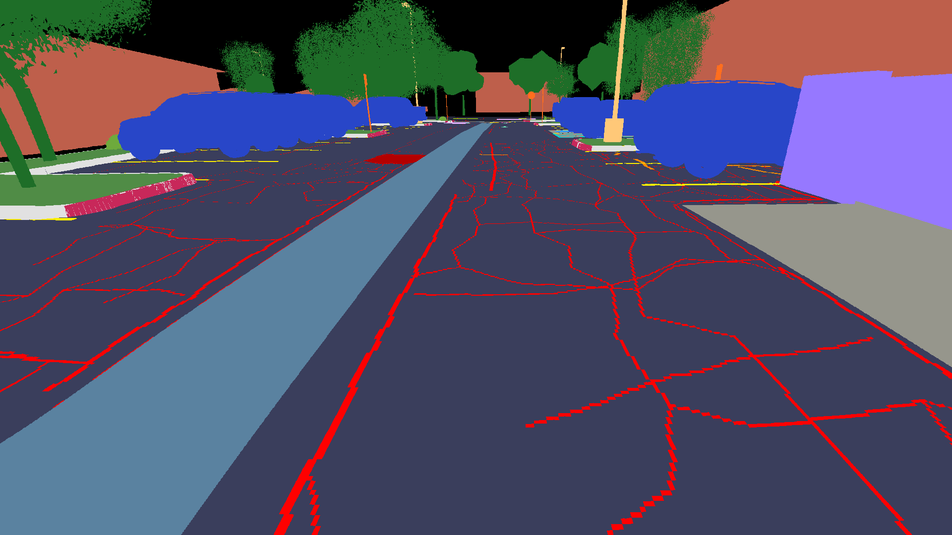 Its training mask: the cracks as thin red lines across the asphalt, with the cars, the building, trees and the gutter in their own colors.