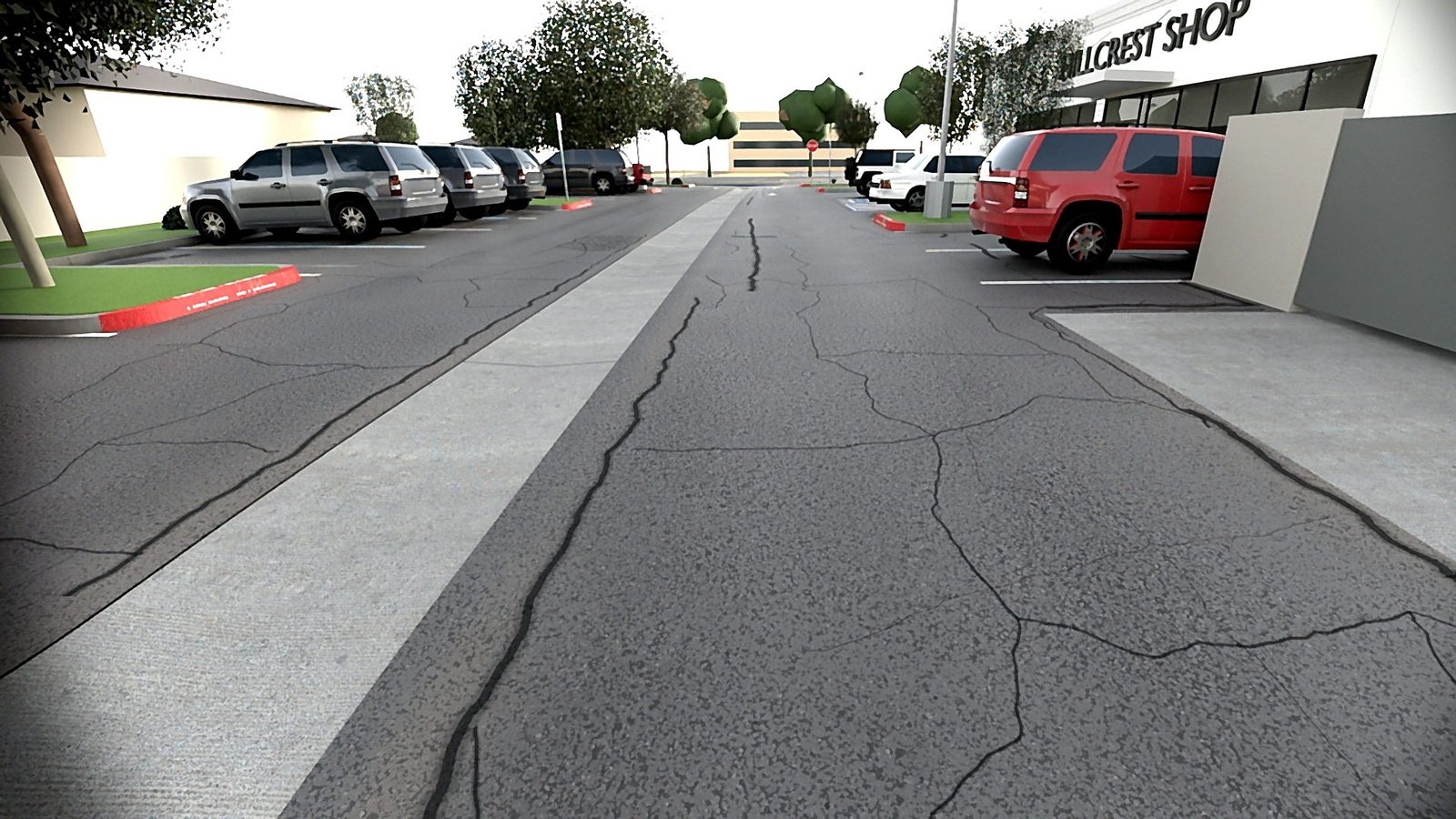 A simulated camera frame of a heavily aged lot by a storefront: cracked asphalt, a concrete valley gutter, parked cars and red curbs.
