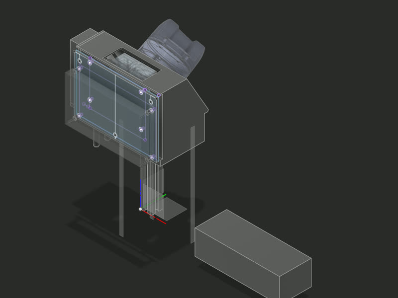 Render of the legacy v41 scanner shell: a boxy printed sensor housing with the lidar tilted on top, a see-through rear plate and a battery block below.