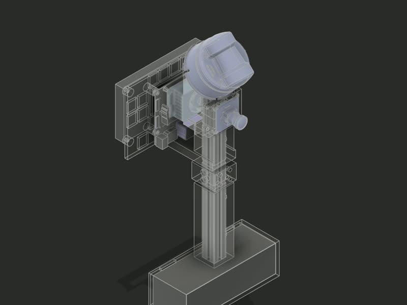 Render of scanner v2: the lidar and camera on a sensor head at the top of a vertical aluminum rail, the Jetson and screen on a plate behind, a battery grip at the bottom.