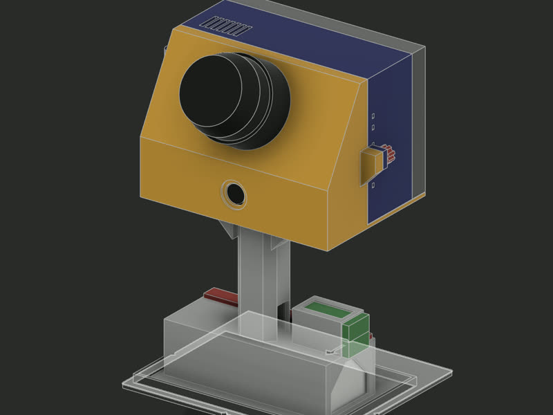 Render of scanner v5: a yellow and navy printed head with the lidar on top and the camera on the front, on a short handle standing in its dock.