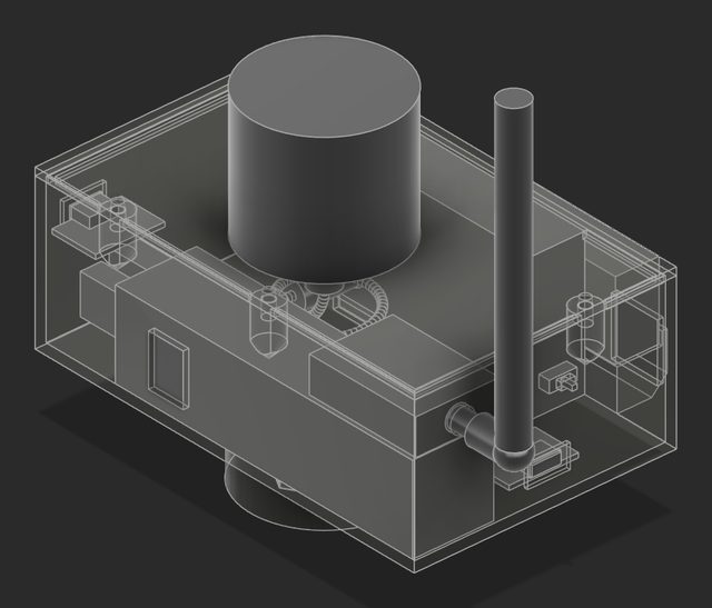 Render of rover pod v1, a tall see-through box with the puck on top and a radio antenna.