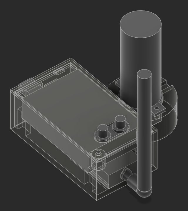 Render of the v3 base: a box holding the receiver, with the helical antenna column and a radio antenna.