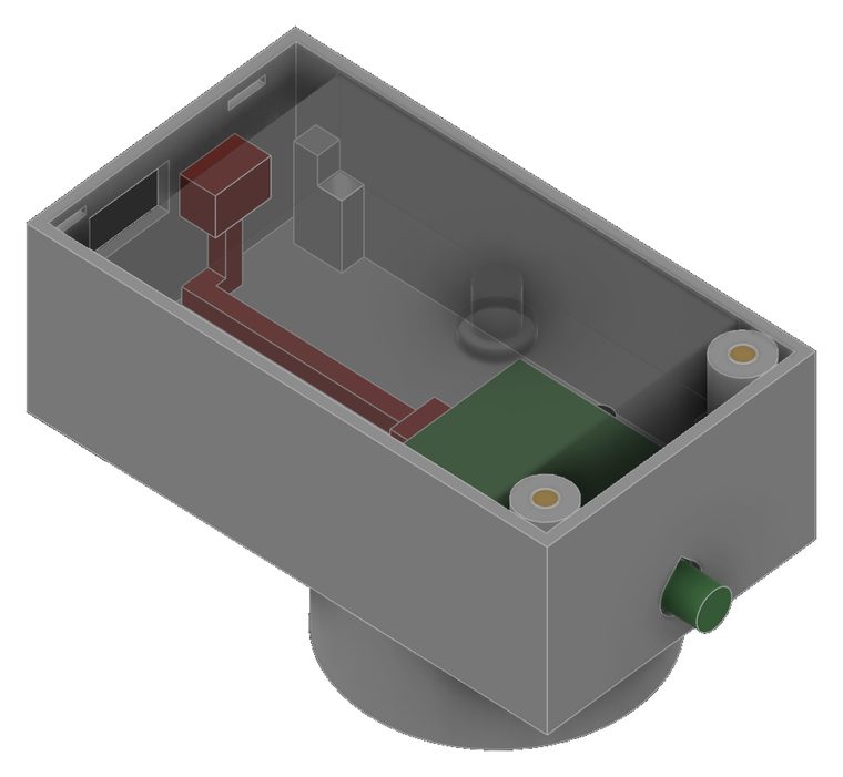 Render of the inside of pod v3: the radio in green, the pre-crimped link in red, the USB-C hole and insert bosses.