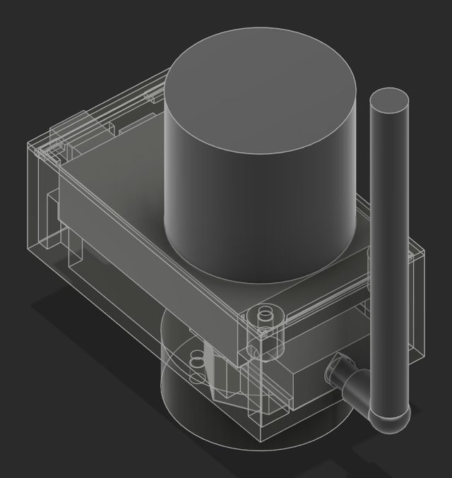 Render of rover pod v3, a compact see-through box with the puck on top, a radio antenna and a round foot.