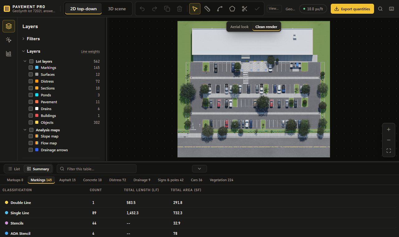 The Pavement Pro workspace on GeoSynth lot 72021 as built: the lot's render from above with its answer-key layers.