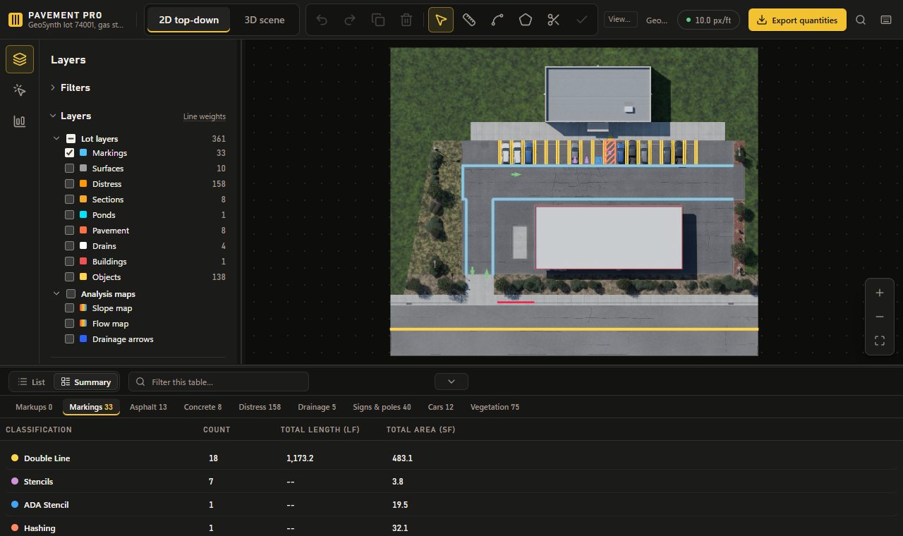 The Pavement Pro workspace on GeoSynth lot 74001: a gas station with its canopy seen from above with its answer-key layers.
